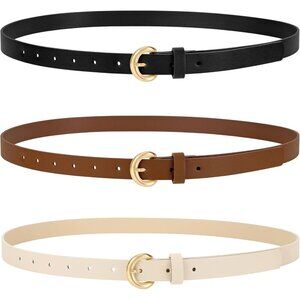 Women Skinny Leather Belt with Gold Buckle 0.74" Wide for Jeans Dresses